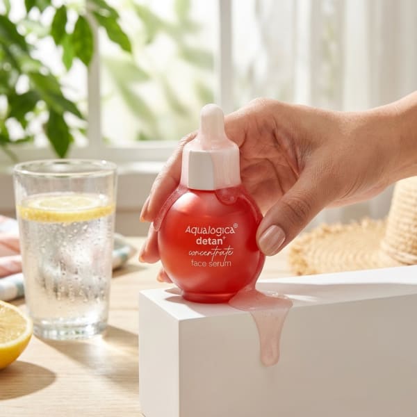 Aqualogica Detan+ Concentrate Face Serum with Cherry Tomato & Glycolic Acid for Tan Removal - 30ml held in hand, candid photo
