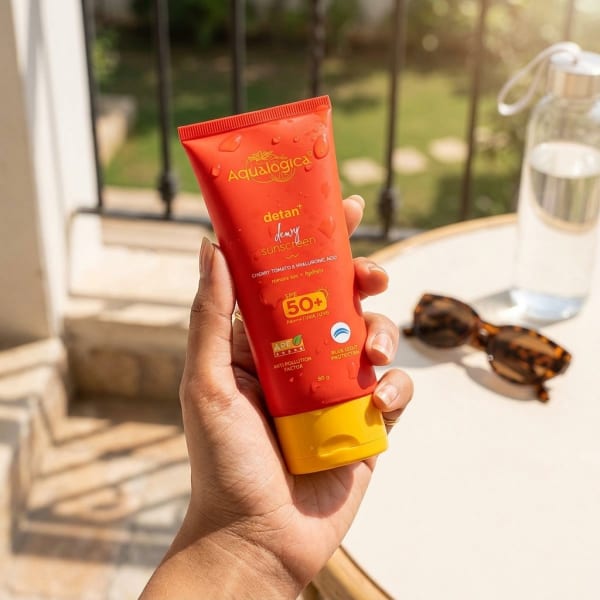 Aqualogica Detan+ Dewy Sunscreen In-Vivo Tested SPF 50+ PA++++ with Anti Pollution Factor (APF) | UVA/B & Blue Light Protection - 80g held in hand, candid photo