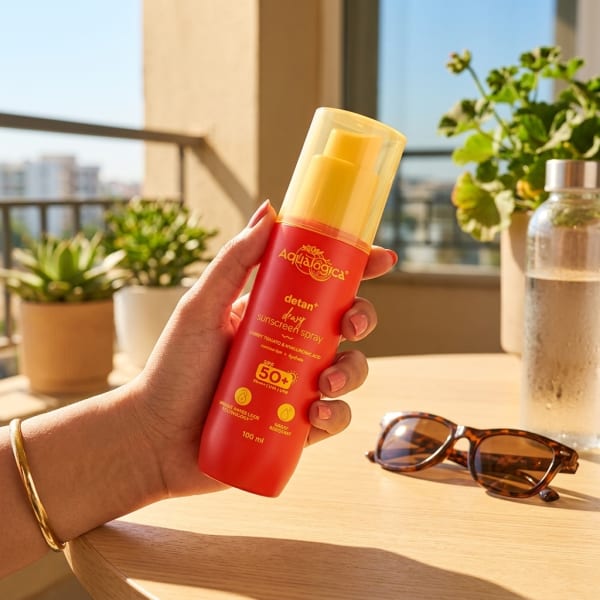Aqualogica Detan+ Dewy Sunscreen Spray - 100 ml held in hand, candid photo