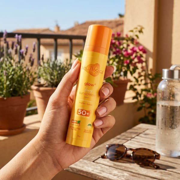 Aqualogica FREEBIE | Glow+ Dewy Sunscreen - 50g held in hand, candid photo