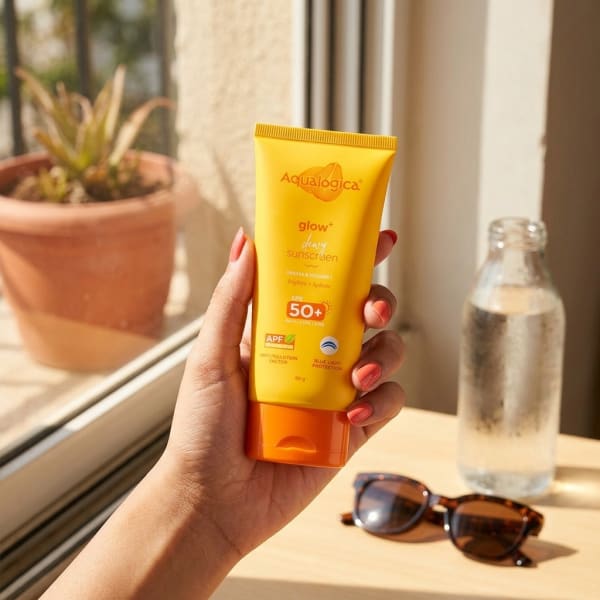 Aqualogica FREEBIE | Glow+ Dewy Sunscreen with SPF 50+ & PA++++ for UVA/B & Blue Light Protection & No White Cast - 80g held in hand, candid photo