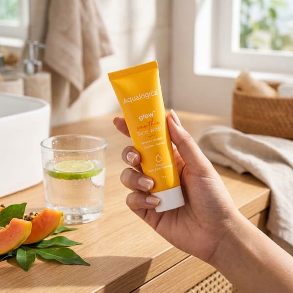 Aqualogica FREEBIE Glow+ Smoothie Face Wash 20g held in hand, candid photo