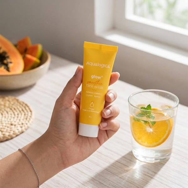 Aqualogica FREEBIE Glow+ Smoothie Face Wash 20g held in hand, candid photo