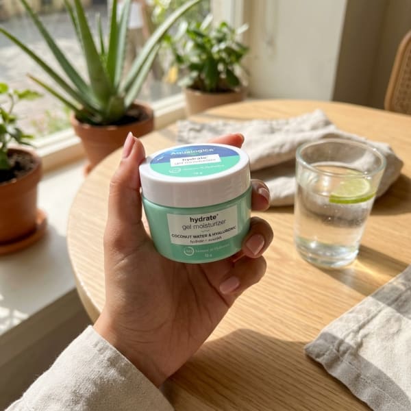 Aqualogica FREEBIE - Hydrate+ Gel Face Moisturizer 15g held in hand, candid photo