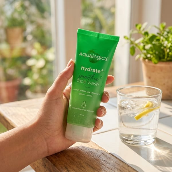 Aqualogica FREEBIE Hydrate+ Smoothie Face Wash 100 ml held in hand, candid photo
