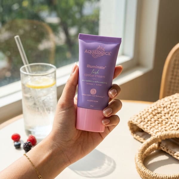 Aqualogica FREEBIE - Illuminate+ Lush Strobe Cream with Wild Berries & Alpha Arbutin for Instant HD Glow - 30g held in hand, candid photo