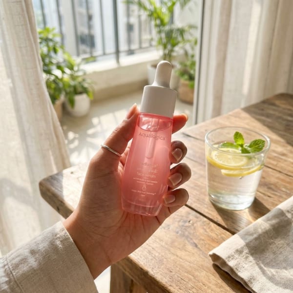 Aqualogica FREEBIE Radiance+ Concentrate Face Serum - 30 ml held in hand, candid photo