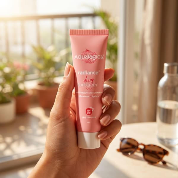 Aqualogica FREEBIE Radiance+ Dewy Sunscreen held in hand, candid photo