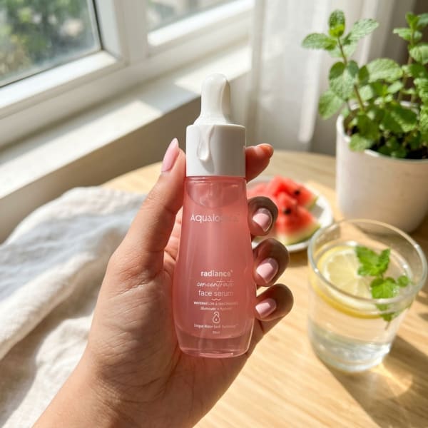 Aqualogica FREEBIE_Radiance+ Concentrate Face Serum - 30 ml held in hand, candid photo
