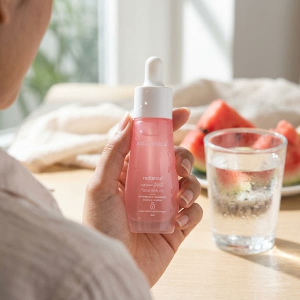 Aqualogica FREEBIE_Radiance+ Concentrate Face Serum - 30 ml held in hand, candid photo