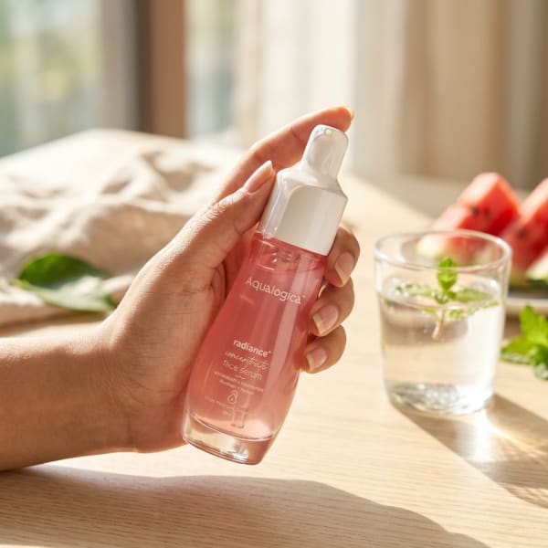 Aqualogica FREEBIE_Radiance+ Concentrate Face Serum - 30 ml held in hand, candid photo