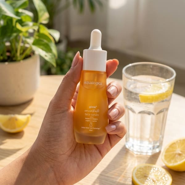 Aqualogica Glow+ Concentrate Face Serum 30 ml held in hand, candid photo