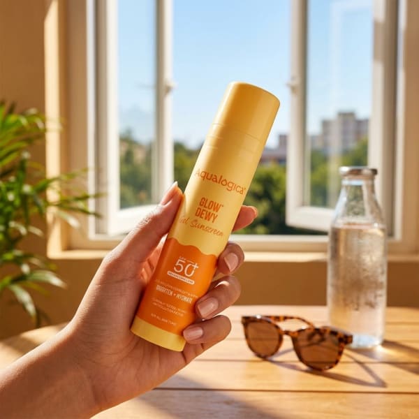 Aqualogica Glow+ Dewy Gel Sunscreen In-Vivo Tested SPF 50+ PA++++ with Papaya & Vitamin C - 50g held in hand, candid photo