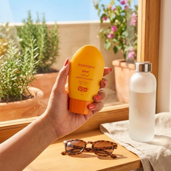 Aqualogica FREEBIE - Glow+ Infused Water Sunscreen with Papaya & Vitamin C held in hand, candid photo