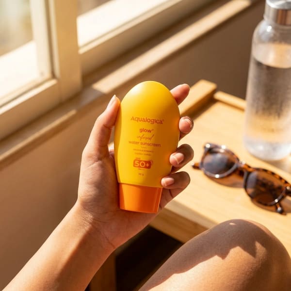 Aqualogica Glow+ Infused Water Sunscreen with Papaya & Vitamin C held in hand, candid photo