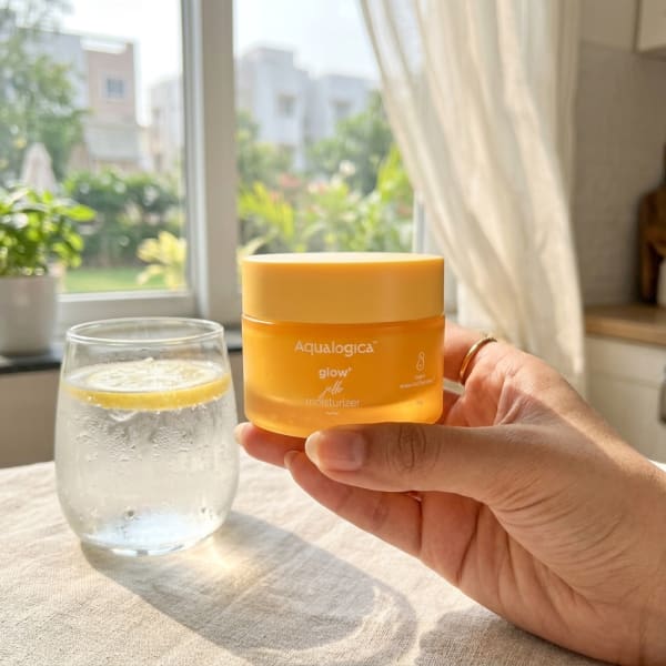 Aqualogica FREEBIE Glow+ JellO Moisturizer 50 g held in hand, candid photo