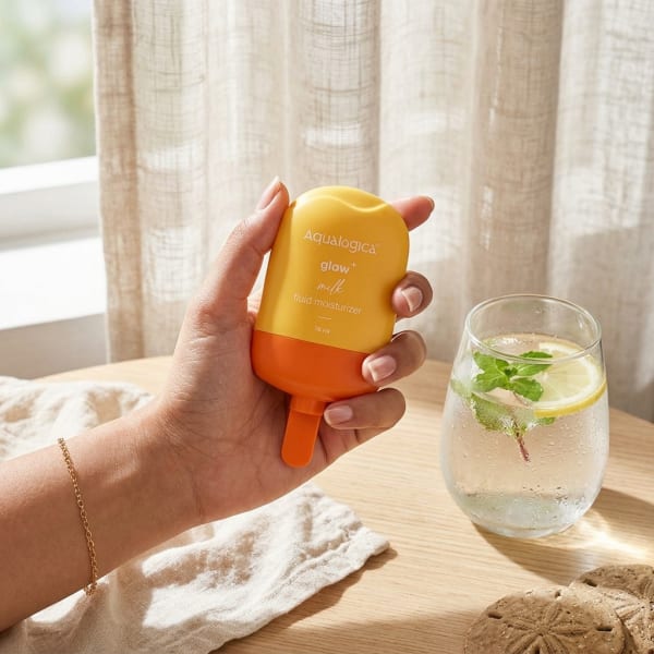 Aqualogica Glow+ Milk Fluid Moisturizer 70ml held in hand, candid photo
