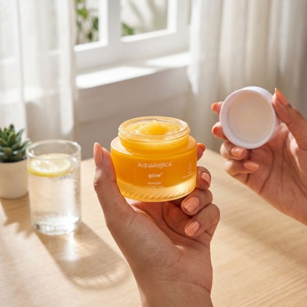 Aqualogica Glow+ Mousse Night Gel 50g held in hand, candid photo
