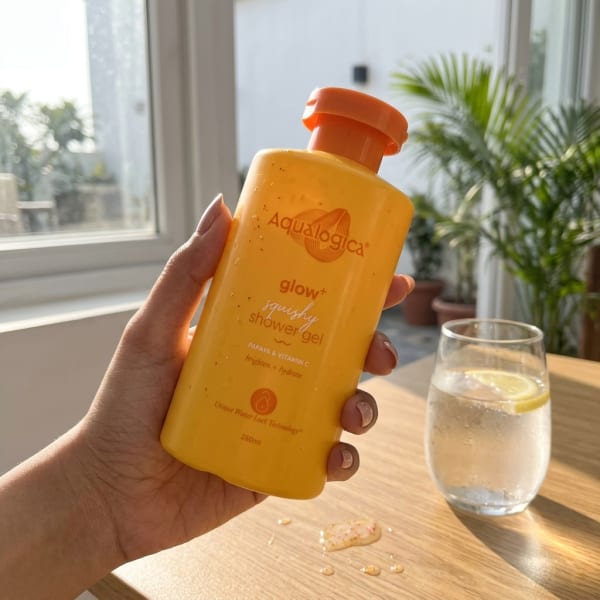 Aqualogica Glow+ Squishy Shower Gel with Papaya & Vitamin C for Glowing Skin - 250ml held in hand, candid photo