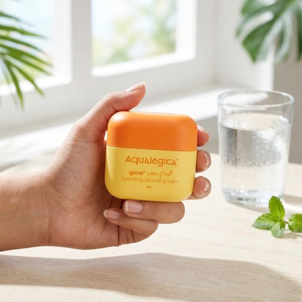 Aqualogica Glow+ Wipe it All Hydrating Cleansing Balm - 50 g held in hand, candid photo