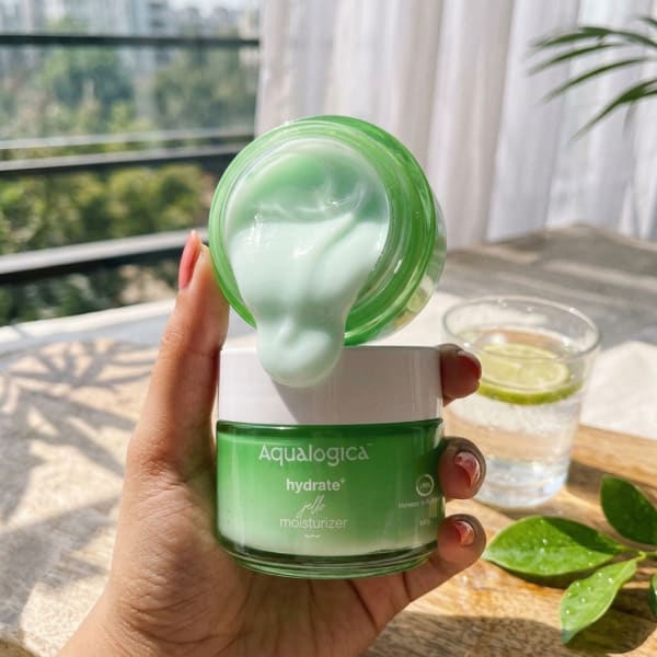 Aqualogica Hydrate+ Jello Moisturizer 100g held in hand, candid photo