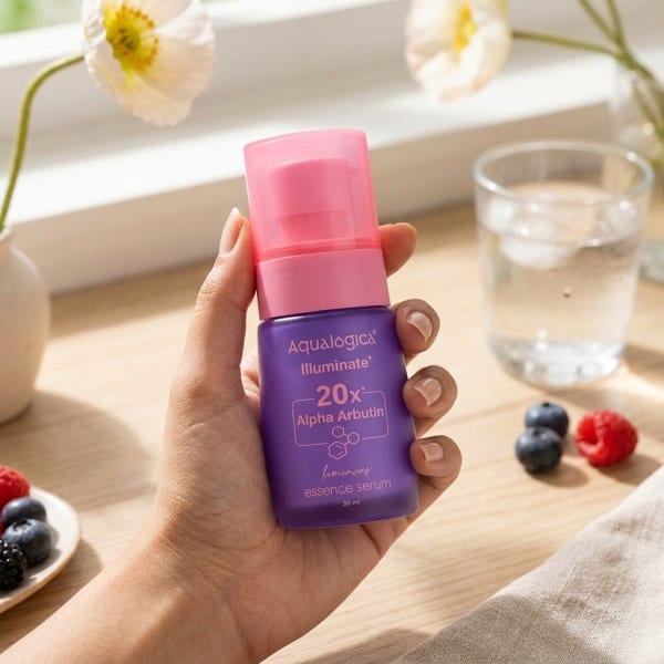 Aqualogica Illuminate+ 20x Alpha Arbutin Luminous Essence Serum 50ml held in hand, candid photo