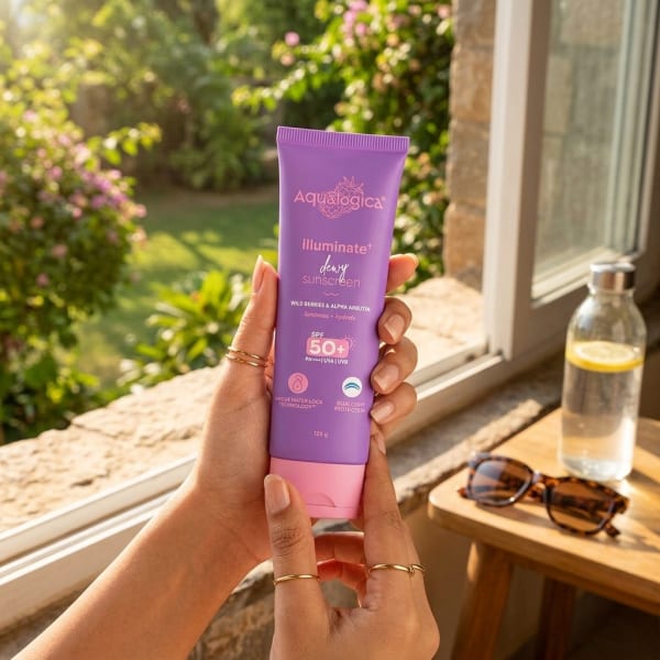 Aqualogica Illuminate+ Dewy Sunscreen SPF 50+ PA++++ with Wild Berries & Alpha Arbutin - 125 g held in hand, candid photo