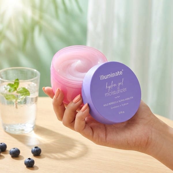 Aqualogica Illuminate + Hydra Gel Moisturizer with Wild Berries & Alpha Arbutin - 200g held in hand, candid photo