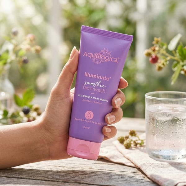 Aqualogica IIIuminate+ Smoothie Face Wash with Wild Berries & Alpha Arbutin for Luminous Glow - 100ml held in hand, candid photo