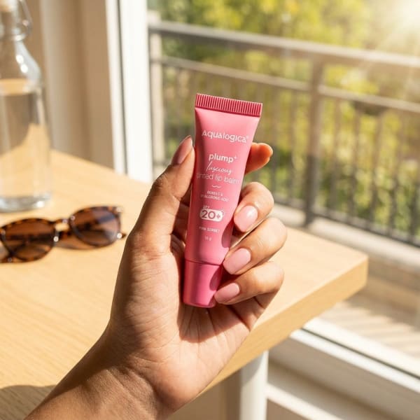 Aqualogica Pink Sorbet Plump+ Luscious Tinted SPF 20+ Lip Balm with Berries & Hyaluronic Acid - 10g held in hand, candid photo