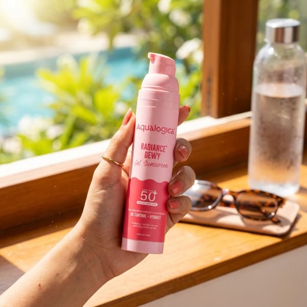 Aqualogica Radiance+ Dewy Sunscreen In-Vivo Tested with Watermelon & Niacinamide with SPF 50 & PA++++ - 50g held in hand, candid photo