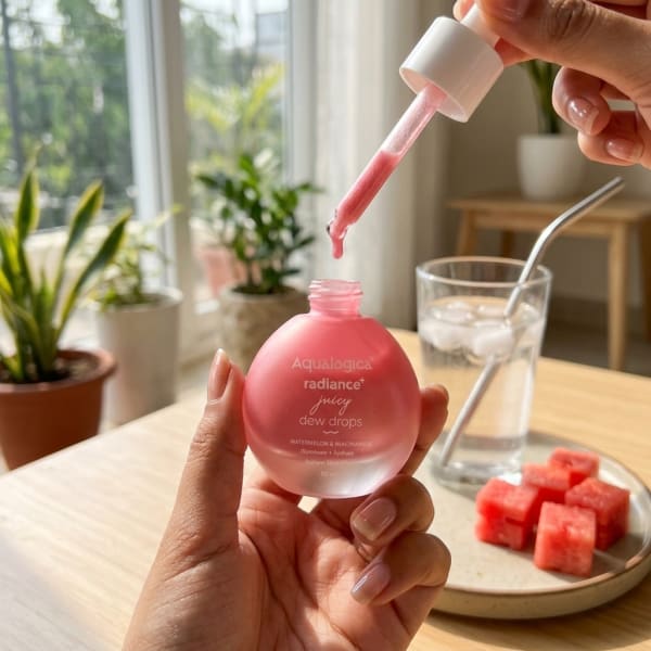 Aqualogica Radiance+ Juicy Dew Drops 30 ml held in hand, candid photo