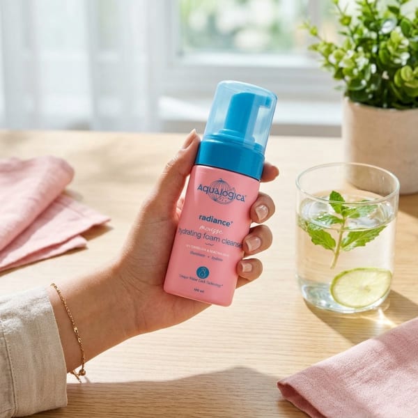 Aqualogica Radiance+ Mousse Hydrating Foam Cleanser - 100 ml held in hand, candid photo
