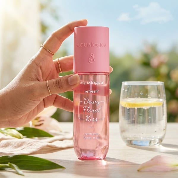 Aqualogica Refresh+ Dewy Floral Kiss Perfume Body Mist with Zemea & Hyaluronic Acid- 150 ml held in hand, candid photo