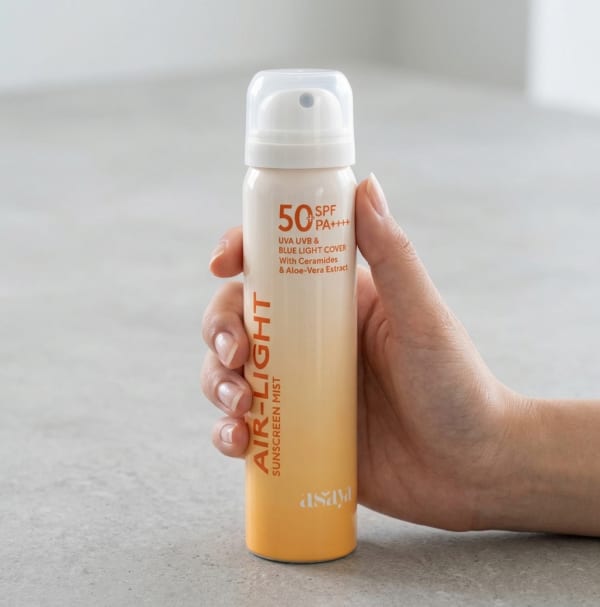 World of Asaya Air-Light Sunscreen Mist - Sunscreen Spray for Face held in hand, candid photo