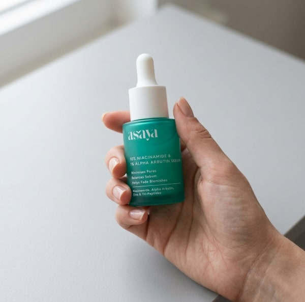 World of Asaya 10% Niacinamide & 1% Alpha Arbutin Serum for Open Pores held in hand, candid photo