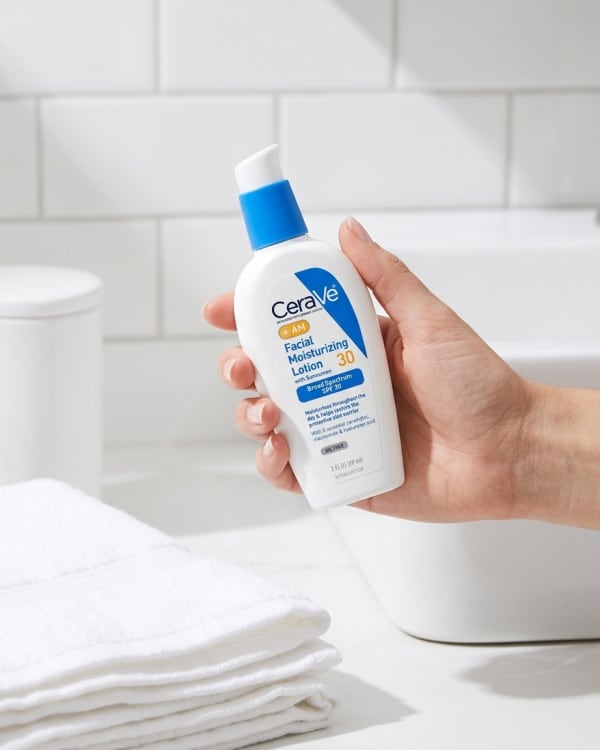 CeraVe AM Facial Moisturizing Lotion SPF 30 held in hand, candid photo