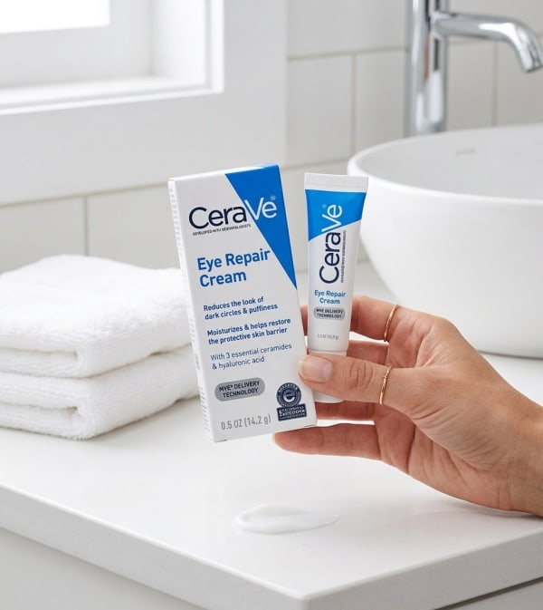 CeraVe Eye Repair Cream held in hand, candid photo