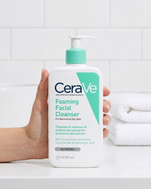 CeraVe Foaming Facial Cleanser held in hand, candid photo
