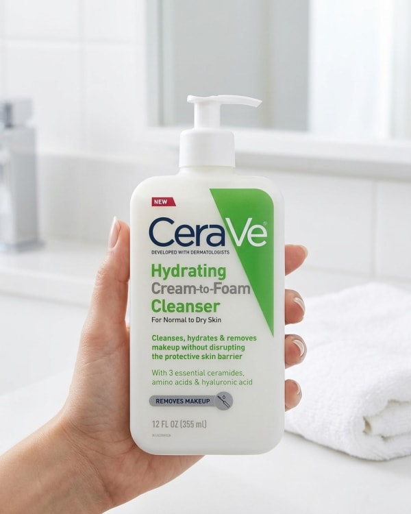 CeraVe Hydrating Cream-to-Foam Cleanser held in hand, candid photo