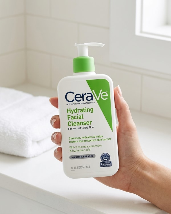 CeraVe Hydrating Facial Cleanser held in hand, candid photo