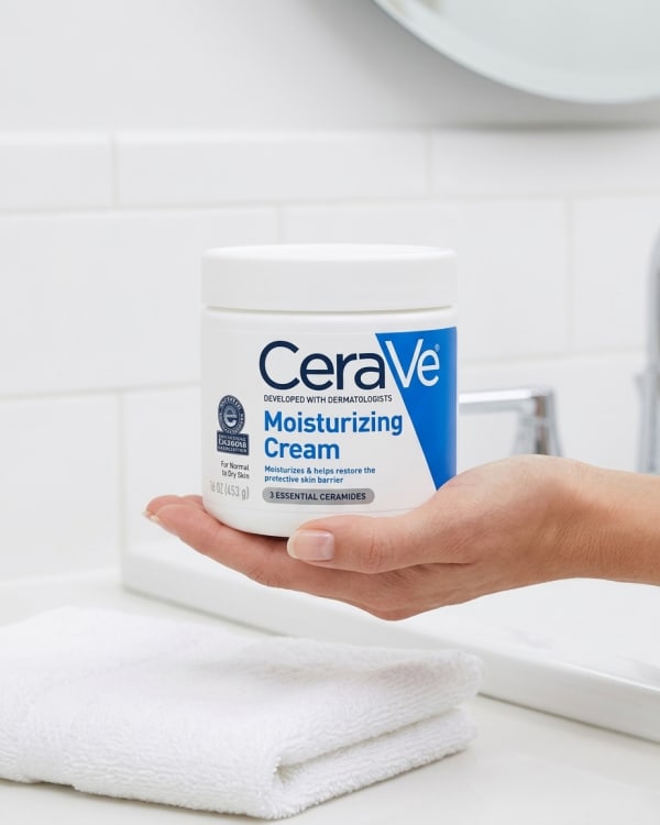 CeraVe Moisturising Cream held in hand, candid photo