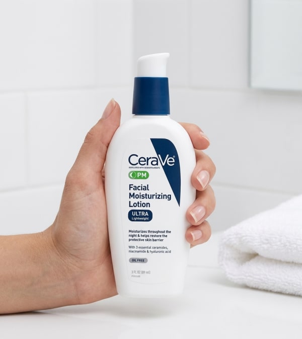 CeraVe PM Facial Moisturizing Lotion held in hand, candid photo