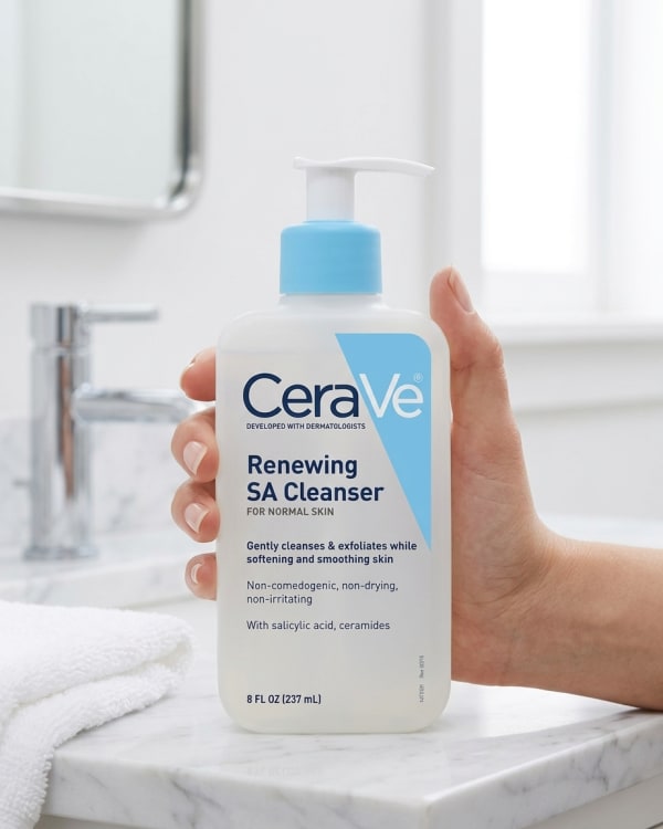CeraVe SA Smoothing Cleanser held in hand, candid photo
