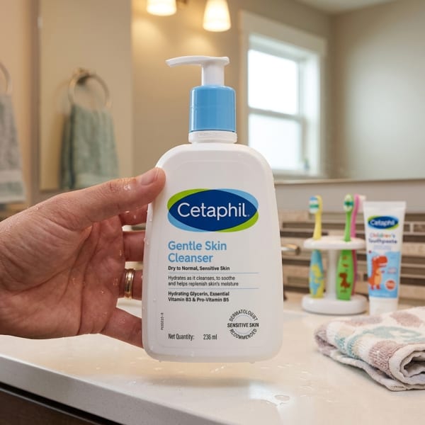 Cetaphil Gentle Skin Cleanser held in hand, candid photo