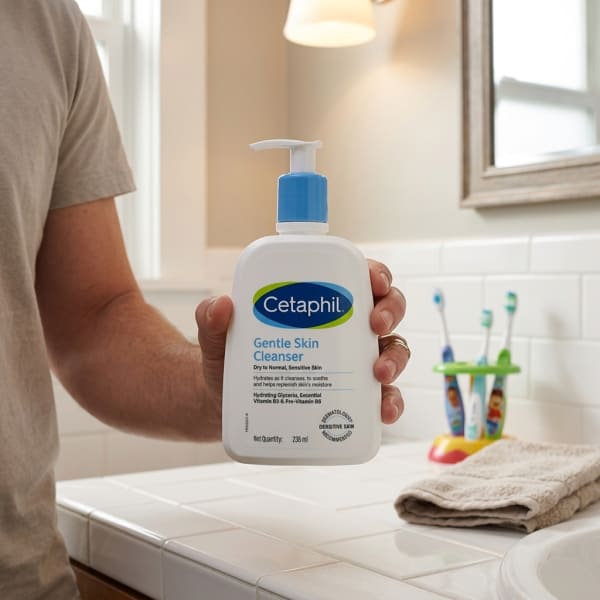 Cetaphil Gentle Skin Cleanser held in hand, candid photo