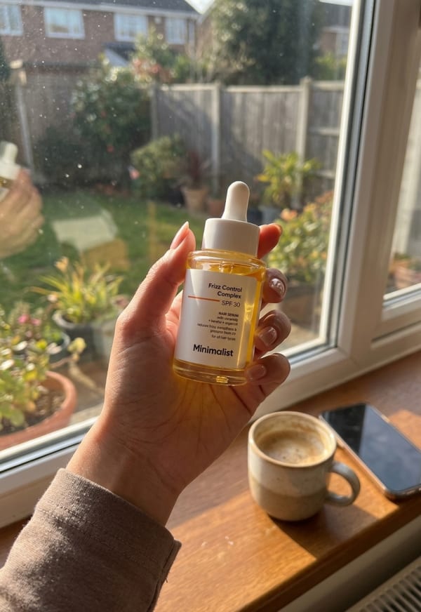 Minimalist Frizz Control Complex SPF 30 Hair Serum held in hand, candid photo
