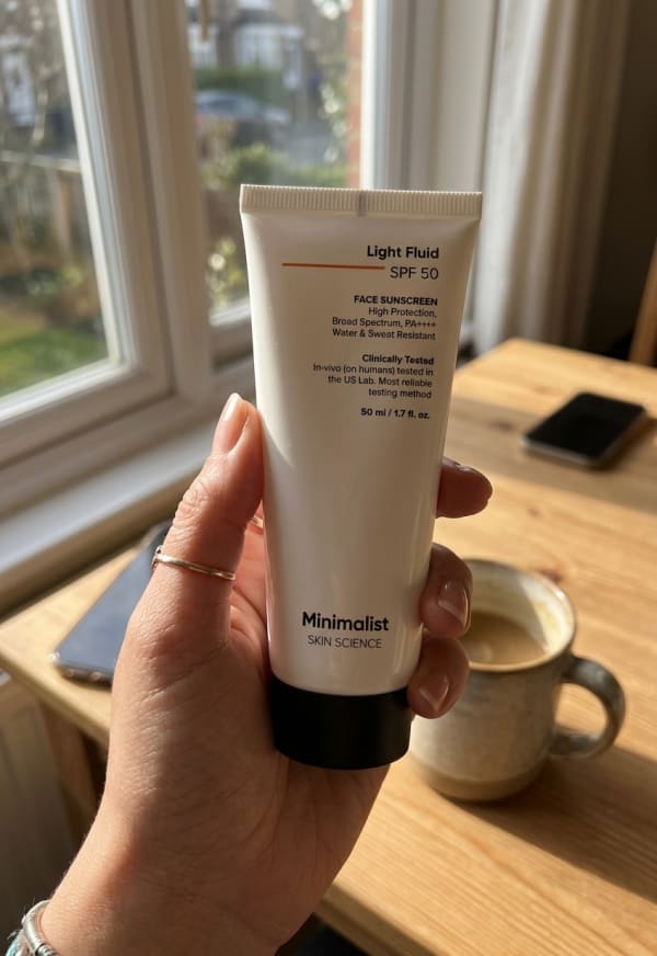Minimalist Light Fluid SPF 50 Sunscreen held in hand, candid photo