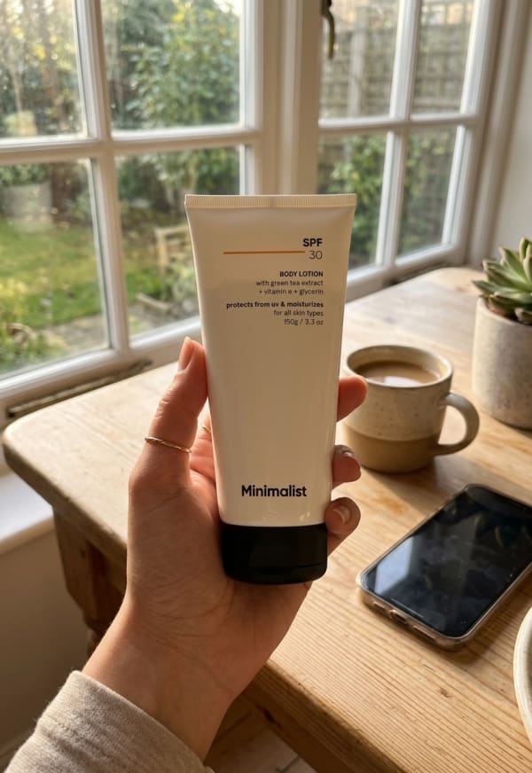Minimalist SPF 30 Body Lotion held in hand, candid photo