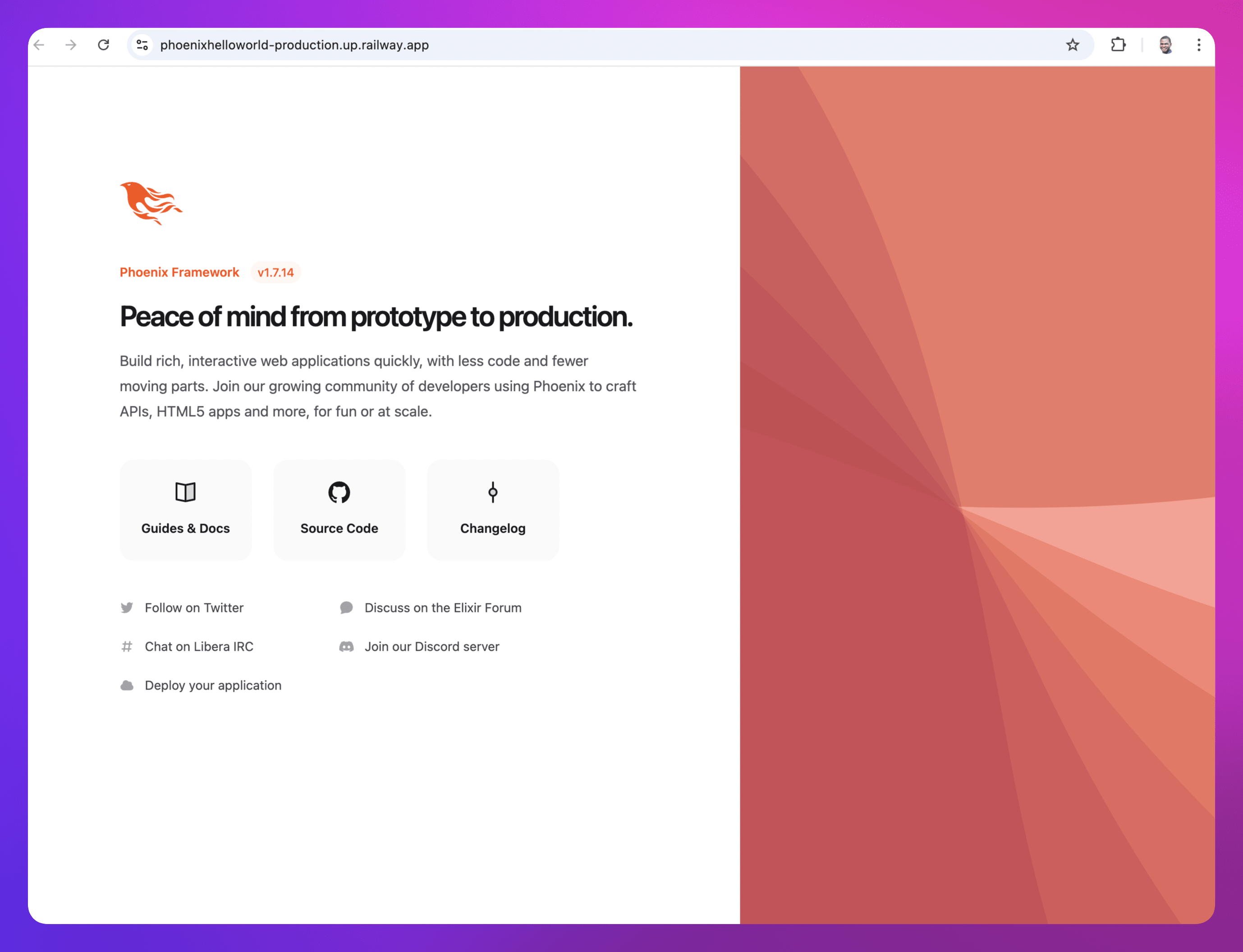 screenshot of the deployed Phoenix service showing the welcome page